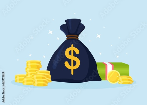 Money bag with dollar sign and stack of money, gold coins. Idea of earnings profit, savings, wealth. Vector design