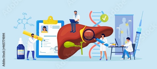 Tiny Doctors Treat the Liver Disease. Medical Diagnosis of Hepatitis A, B, C, D, Cirrhosis. Group of Doctors Examining Patient Inner Organs, Performing Lab Tests, Biopsy, Molecular Analysis. Vector 