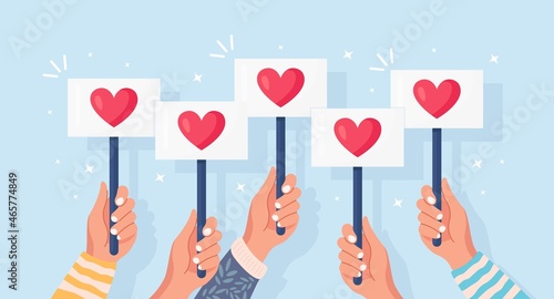 Group of business people with red heart placard. Social media, network. Good opinion. Testimonials, feedback, customer review, like concept. Valentines day. Vector design