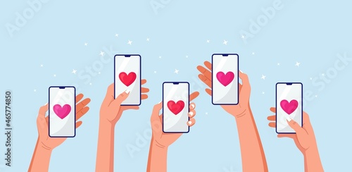 Hand holding phone with red heart. Sending love messages on smartphone. Chatting with friends. Social media addiction. Vector design