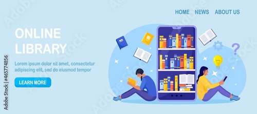 Online library, bookstores, ebook. Internet education. People reads books. Smartphone with reader app for reading and downloading book, audiobooks. Vector design