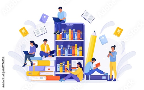 Online library, bookstores, ebook. Internet education. People reads books. Smartphone with reader app for reading and downloading book, audiobooks. Vector design