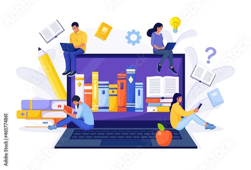 Online library, bookstores, ebook. Internet education. Tiny people reads books on laptop screen. Web page for reading and downloading book, audiobooks. Vector design