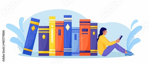 Girl sitting near pile of books and reading book. Online library, bookstores, e-book. Internet education. Vector illustration