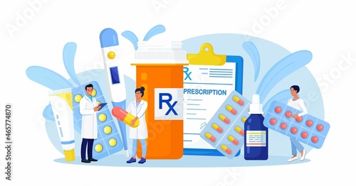 Online pharmacy store. Pharmacist in drugstore standing near medicine pills and bottles. Medical staff choosing medicaments. Medical laboratory, pharmaceutical lab with staff. Doctor care for patient.