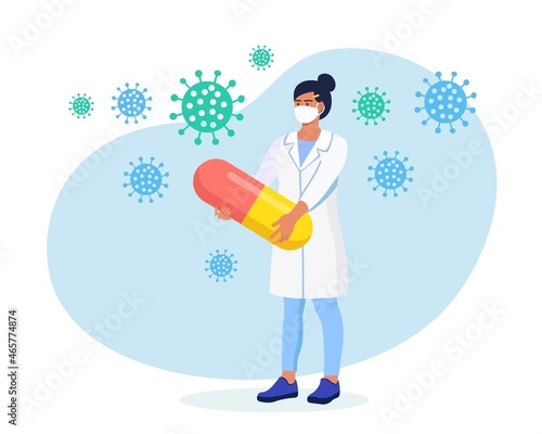 Tiny Female character holding huge pills, tablets. Pharmacist care for patient. Professional pharmaceutical science. Illness Prevention, disease treatment. Healthcare and pharmacy, drugstore. Vector 