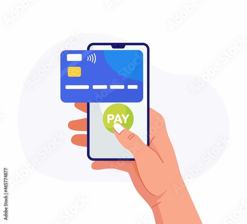 Pay by credit card via electronic wallet on phone. Mobile banking app, contactless payment. Hand holds smartphone with virtual bank card. Shopping by phone and connected credit card, digital money. 