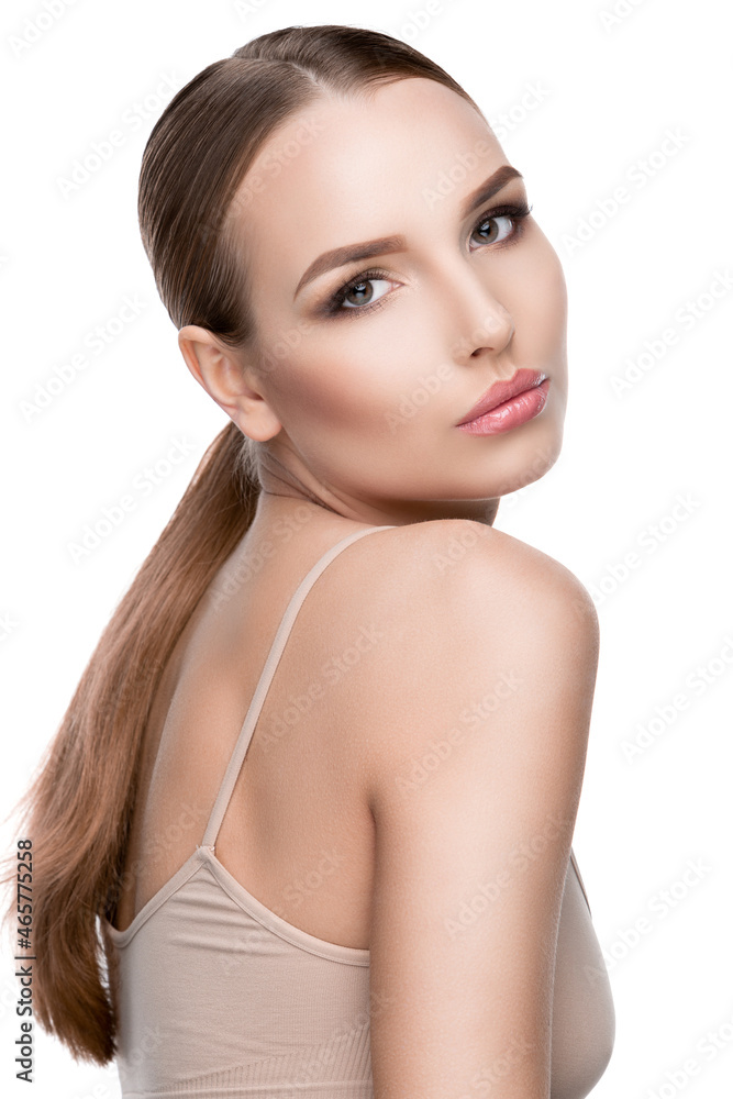 Beautiful Young Woman with Clean Fresh Skin isolated on white background Beautiful Young Woman with Clean Fresh Skin isolated on white background