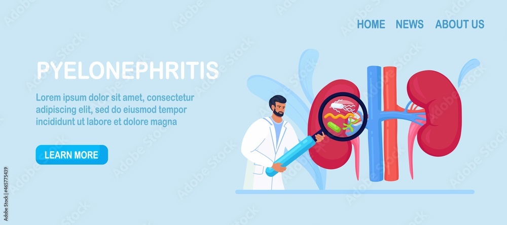 Tiny Doctors Nephrologist Diagnosing Pyelonephritis Disease. Hospital Diagnostic, Treatment of Kidney. Physician with Magnifying Glass. Urology and Nephrology, Nephroptosis, Renal Failure, Cystitis. 