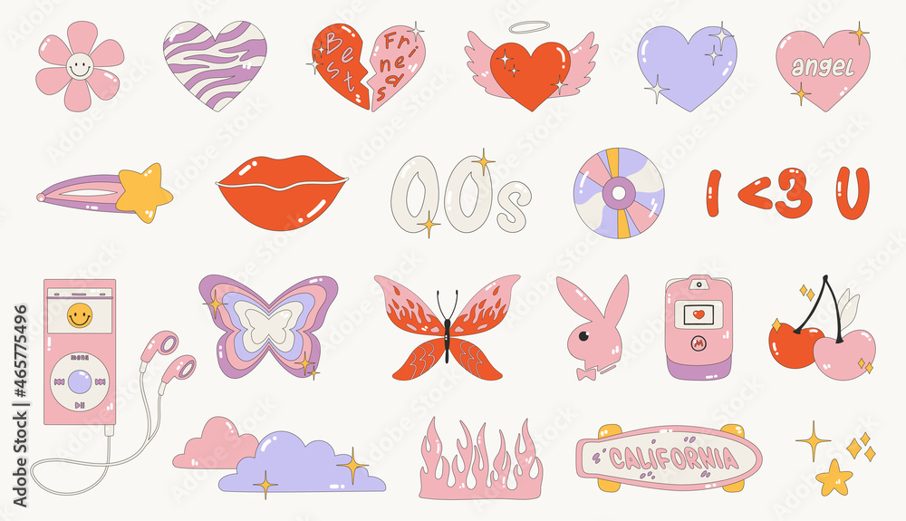 Collection on the theme of the 00s. Set of icons - hearts, butterflies, flame, badges and stickers. Glamorous vector illustration Y2k. Nostalgia for the 2000 years. Vector isolated illustrations.