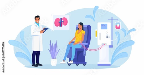Hemodialysis equipment for treatment renal diseases failure. Cleansing and transfusion of blood through a dialysis machine. Doctor conducting hemodialysis. Patient getting a kidney disease treatment. 