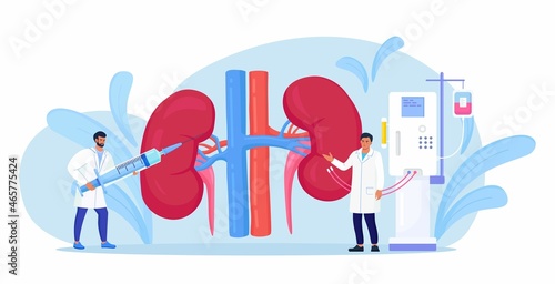 Hemodialysis for blood purification in chronic renal failure. Tiny doctors treat, test kidneys. Cleansing and transfusion of blood through dialysis machine. Physician conduct kidney treatment disease.