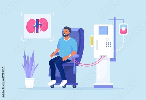 Hemodialysis equipment for treatment renal diseases failure. Cleansing and transfusion of blood through dialysis machine. Patient sitting in chair and getting kidney disease treatment. Vector design