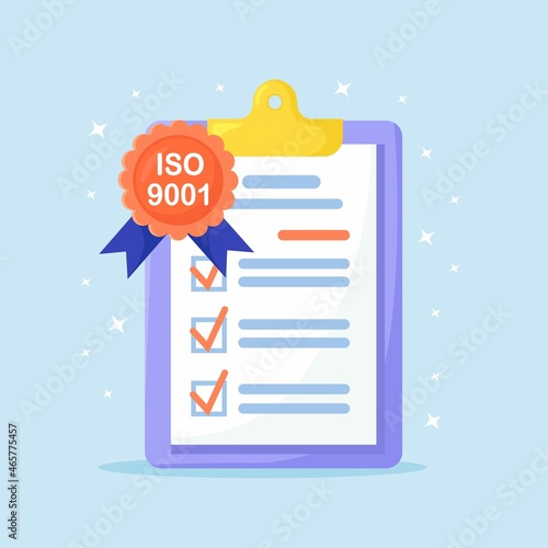 Standard for quality control. Quality management system checklist in clipboard. Certified ISO 9001 Documents. International certification concept. Vector design