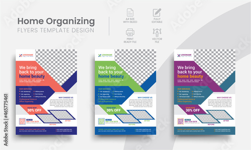 Creative Home organizing flyer concept templates. Modern room organize agency business digital marketing new colorful flyers layout.