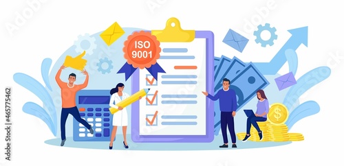 ISO 9001 quality management system and international certification. Tiny business people passed standard quality control. Document standardization industry. Vector design photo