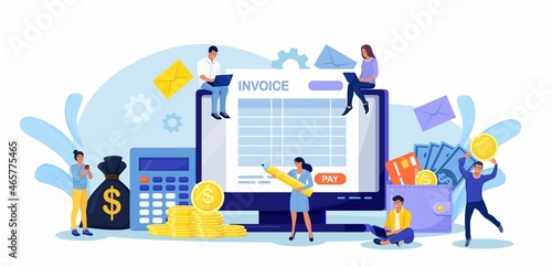 Online Tax Payment. People Filling Application for Tax Form. Tiny Characters with Computer Calculating Payment or Finance Report. Electronic Payment of Invoice, Digital Receipt, Online Banking. Vector