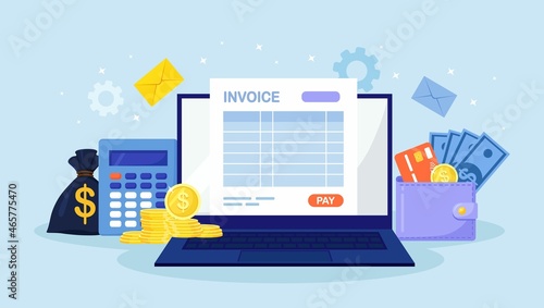 Online payment service. Invoice form on laptop screen with a pay button. Banking financial account, bookkeeping, accounting. Financial transaction with internet. Wallet with credit card, money bag.