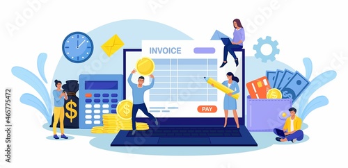 Online Tax Payment. People Filling Application for Tax Form. Tiny Characters with Laptop Calculating Payment or Finance Report. Electronic Payment of Invoice, Digital Receipt, Online Banking. Vector 