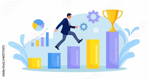 Businessman running along steps to gold trophy. Business and finance success achievement. Ambition plan, opportunity, career development. Person run to their goal, move up motivation, path to target. 