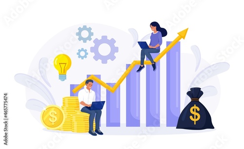Investment and Analysis Money Profits. Investor sitting on stack of coins. Employee Making Investing Plans, Calculating Benefits on Laptop. Profitable investment, funding Financial consulting, savings