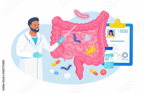 Gut microorganisms, friendly flora, gastrointestinal microbes Abstract digestive stomach living organisms for healthy life. Doctor examining gastrointestinal tract, bowel, digestive system, intestine