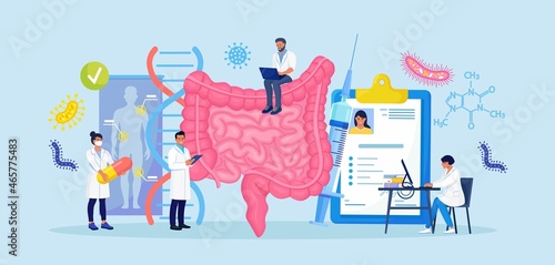 Tiny doctors examining gastrointestinal tract and digestive system. Diagnosis and treatment of the bowel. Intestinal inflammation, enteritis, colitis, dysbacteriosis. Vector illustration