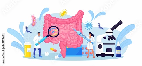 Tiny doctors examining gastrointestinal tract, bowel, digestive system. Intestinal inflammation, Enteritis, Colitis, Dysbacteriosis. Intestine health. Gut microorganisms and friendly flora. Vector 