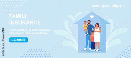 Family insurance services. Protect of children, adult support, patient protected. Pregnant woman, father, mother and child at home. Parenthood. Vector design
