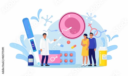 In vitro fertilization with parents, wife standing together with husband. Artificial insemination. Reproductology and reproductive health. Infertility diagnosis and treatment. Pregnancy monitoring. 