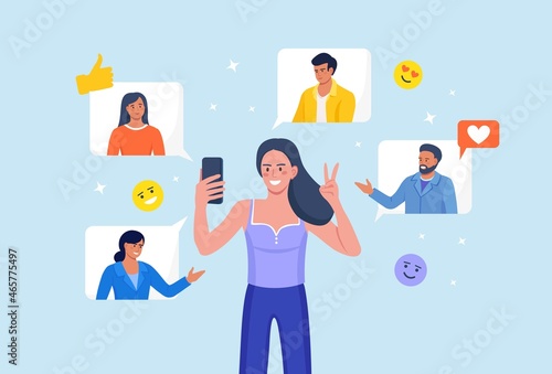 Social networks. Woman standing with smartphone, chatting with friends. Internet communication. Girl surfing in social media. Person watching video, liking photos and make video call in mobile app.