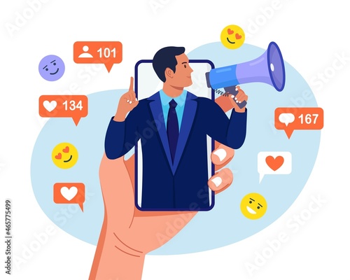 Man shouting in loudspeaker on smartphone screen, attracting subscribers, positive feedback, followers. Social media promotion, marketing. Communication with audience. PR agency team for influencer