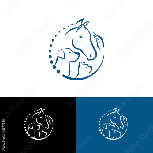Horse, Dog and Cat symbols in a round logo in line art style vector illustration. Veterinary logo with cat, horse and dog heads in abstract simple lines