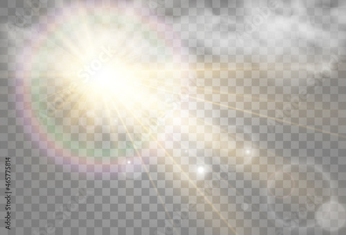 Vector illustration of the sun shining through the clouds. Sunlight. Cloudy vector.