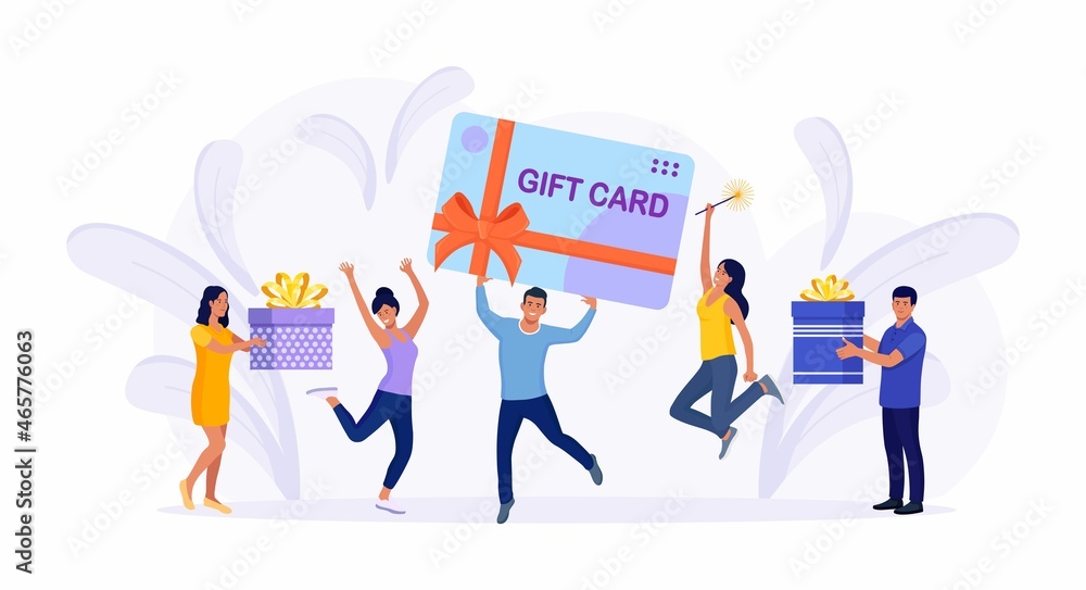 Tiny cheerful people with big gift card, present box. Customer happy about discount card, coupon, voucher, certificate. Earn loyalty program points and get online reward and gifts or bonus. Vector Tiny cheerful people with big gift card, present box. Customer happy about discount card, coupon, voucher, certificate. Earn loyalty program points and get online reward and gifts or bonus. Vector