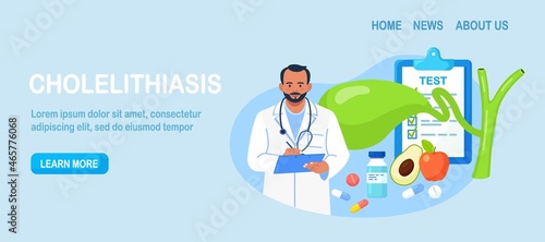 Gallbladder. Doctors treat gallstones. Gastroenterologist scientist doctor examine gall bladder. Biliary dyskinesia problems. Cholecystitis laboratory research. Healthcare, medical research. Vector 