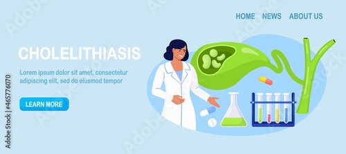 Stones in gallbladder. Gastroenterologist scientist doctor examine gall Bladder. Doctors treat gallstones. Biliary dyskinesia problems. Cholecystitis laboratory research. Vector design photo