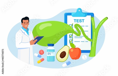 Gallbladder. Doctors treat gallstones. Gastroenterologist scientist doctor examine gall bladder. Biliary dyskinesia problems. Cholecystitis laboratory research. Healthcare, medical research. Vector 