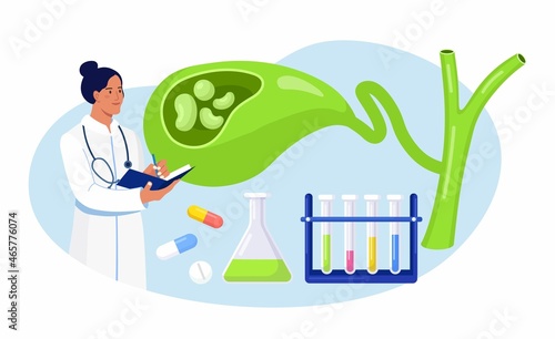 Stones in gallbladder. Gastroenterologist scientist doctor examine gall Bladder. Doctors treat gallstones. Biliary dyskinesia problems. Cholecystitis laboratory research. Vector illustration