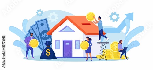 Tiny people buying house in debt. People investing money in property. Mortgage loan, ownership and savings. Home is like a piggy bank. Real estate investment, house purchase. Vector design