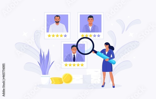 Tiny woman Choosing Best Candidate. HR Managers Searching New Employee and Select a Resume of Worker or Personnel. Online Recruitment Process. Human Resource Management and Job Hiring Concept. Vector 