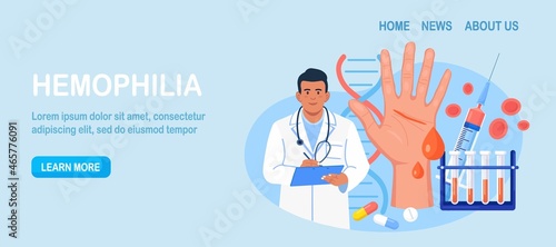 Hemophilia. Tiny doctor examine the blood non-coagulability. Hand with a bleeding, unhealed wound. Physician treat the patient with anemia, blood disease. Detailed test for red blood cells, platelets.