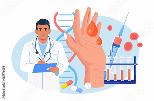 Hemophilia. Tiny doctors examine the blood non-coagulability. Hand with a bleeding, unhealed wound. Physician treat the patient with anemia, blood disease. Detailed test for red blood cells, platelets