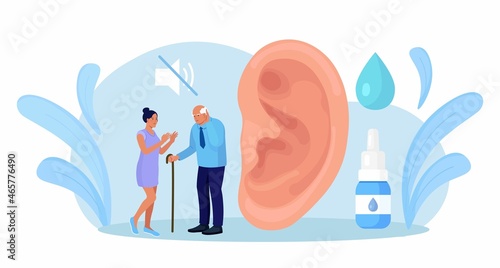 Deaf people talking with hand gestures. Handicapped elderly person near large ear and mute sign. Communication with sign language and hearing loss
