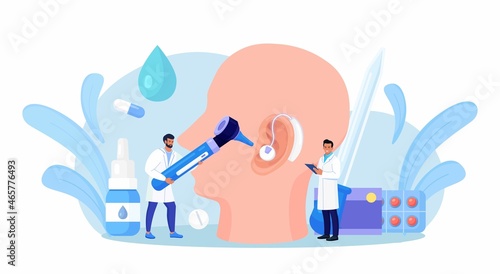 Deafness, Hearing Loss. Doctors Check Health of Ear, Hearing organ.  Deaf Patient with Hear Problem Visit Doctor Audiologist for Treatment. Medical examination, Test of Ears. Big Ear with Hearing Aid