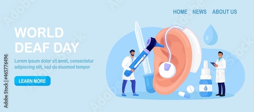 Deafness, Hearing Loss. Doctors Check Health of Ear, Hearing organ.  Deaf Patient with Hear Problem Visit Doctor Audiologist for Treatment. Medical examination, Test of Ears. Big Ear with Hearing Aid.