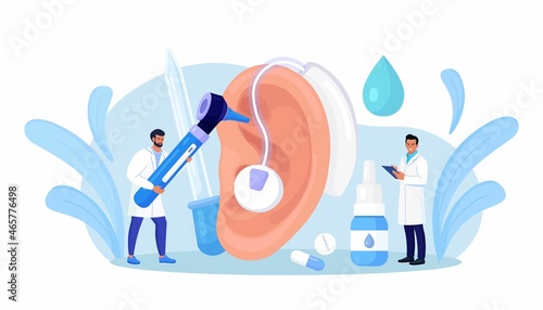 Deafness, Hearing Loss. Doctors Check Health of Ear, Hearing organ.  Deaf Patient with Hear Problem Visit Doctor Audiologist for Treatment. Medical examination, Test of Ears. Big Ear with Hearing Aid