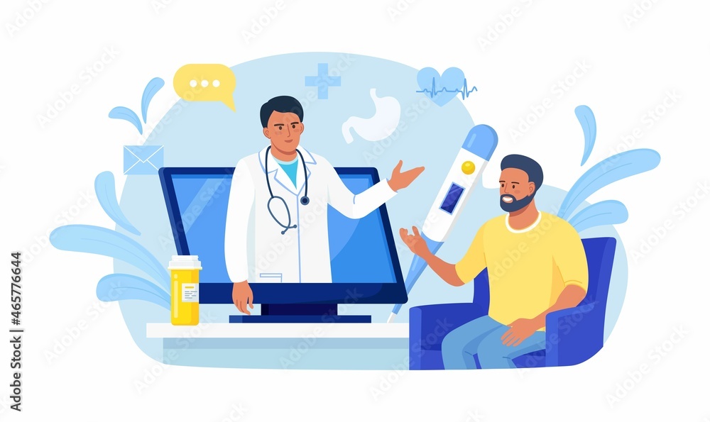 Patient consultation to the doctor by computer. Family physician with stethoscope on the laptop screen. Online medical support. Online doctor. Healthcare services. Ask doctor. Vector illustration Patient consultation to the doctor by computer. Family physician with stethoscope on the laptop screen. Online medical support. Online doctor. Healthcare services. Ask doctor. Vector illustration