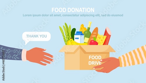 Volunteer holding a donation box with food for hunger people. Different grocery products for homeless people in shelter. Solidarity and charity concept. Vector design