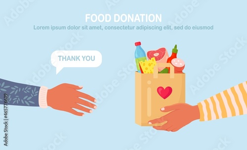 Volunteer holding a donation box with food for hunger people. Different grocery products for homeless people in shelter. Solidarity and charity concept. Vector design